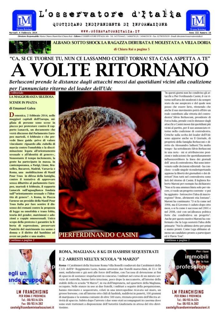 L'osservatore d'Italia edizione del 4 Febbraio 2014
